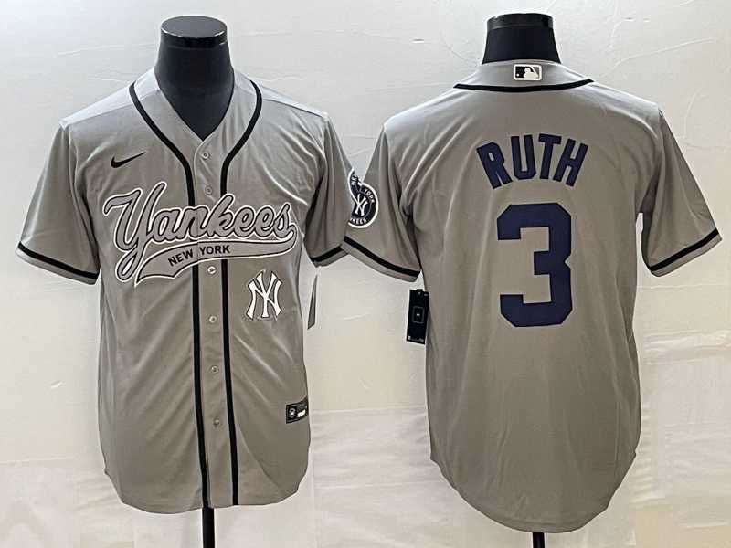 Men%27s New York Yankees #3 Babe Ruth Gray With Patch Cool Base Stitched Baseball Jersey